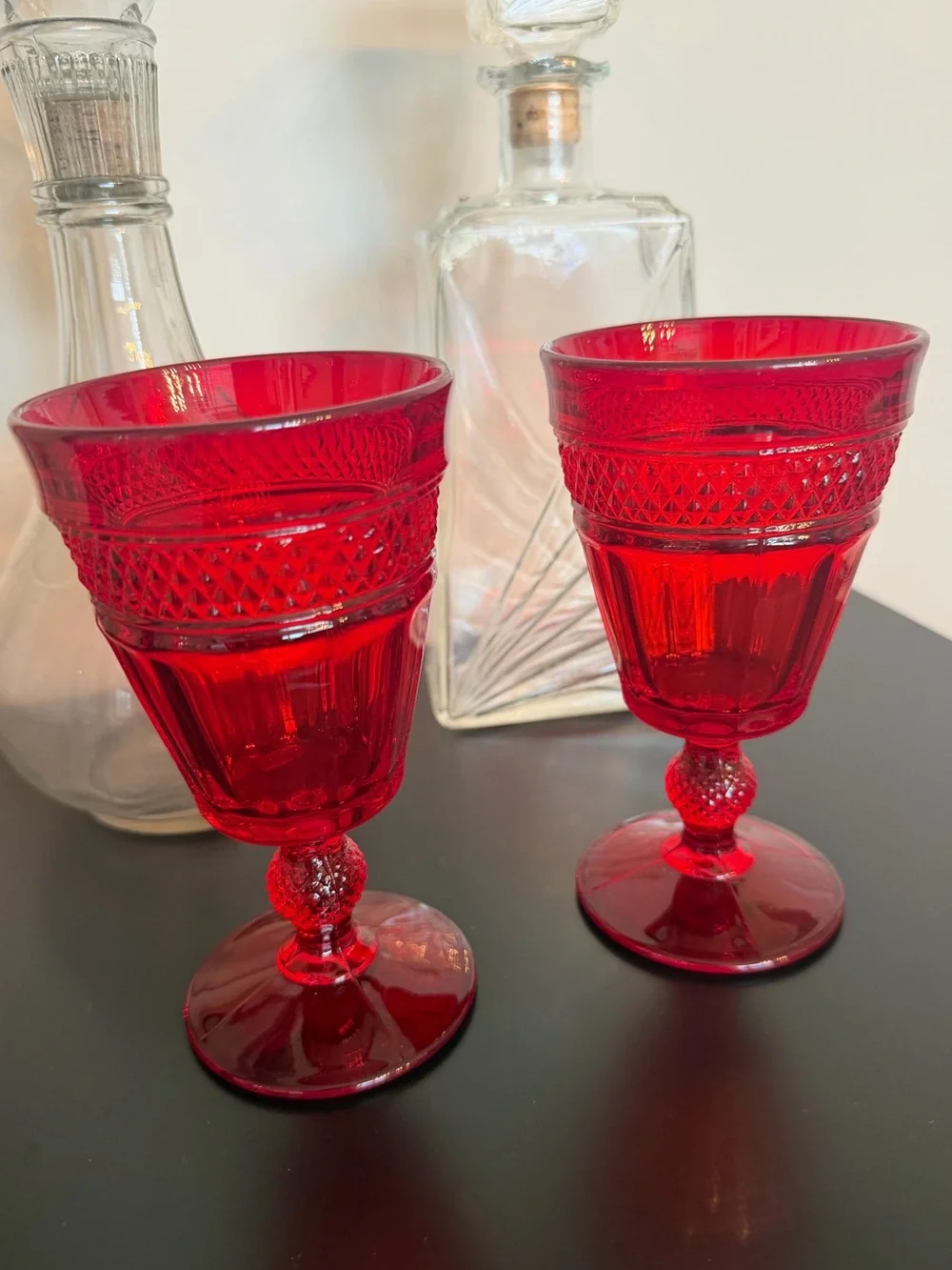 Vintage Ruby Red Glass Wine Goblets - Set of 2